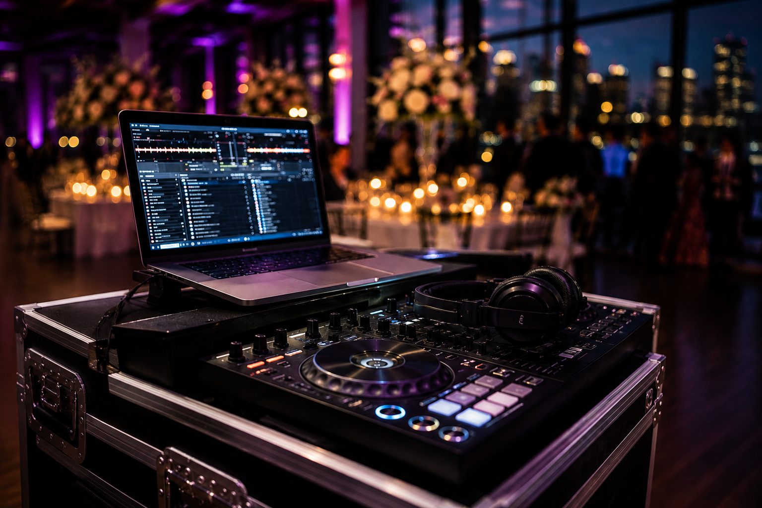 DJ setup at a Twin Cities wedding reception with the dance floor lit behind it