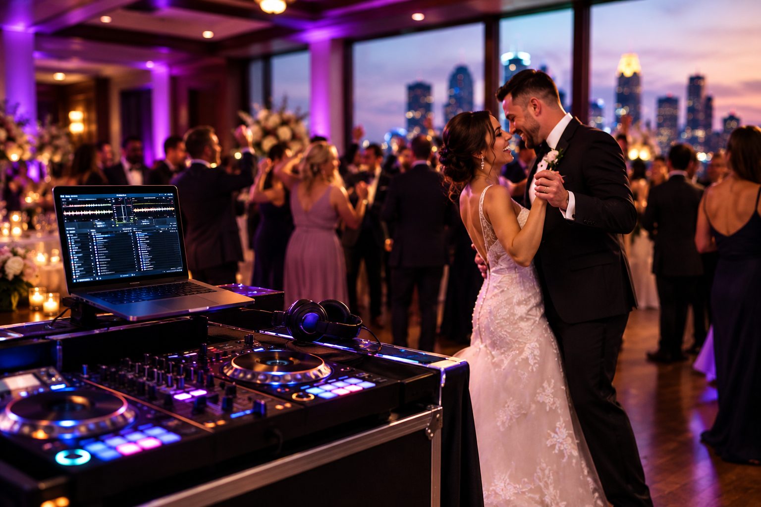 Wedding guests dancing under colored uplighting at a reception