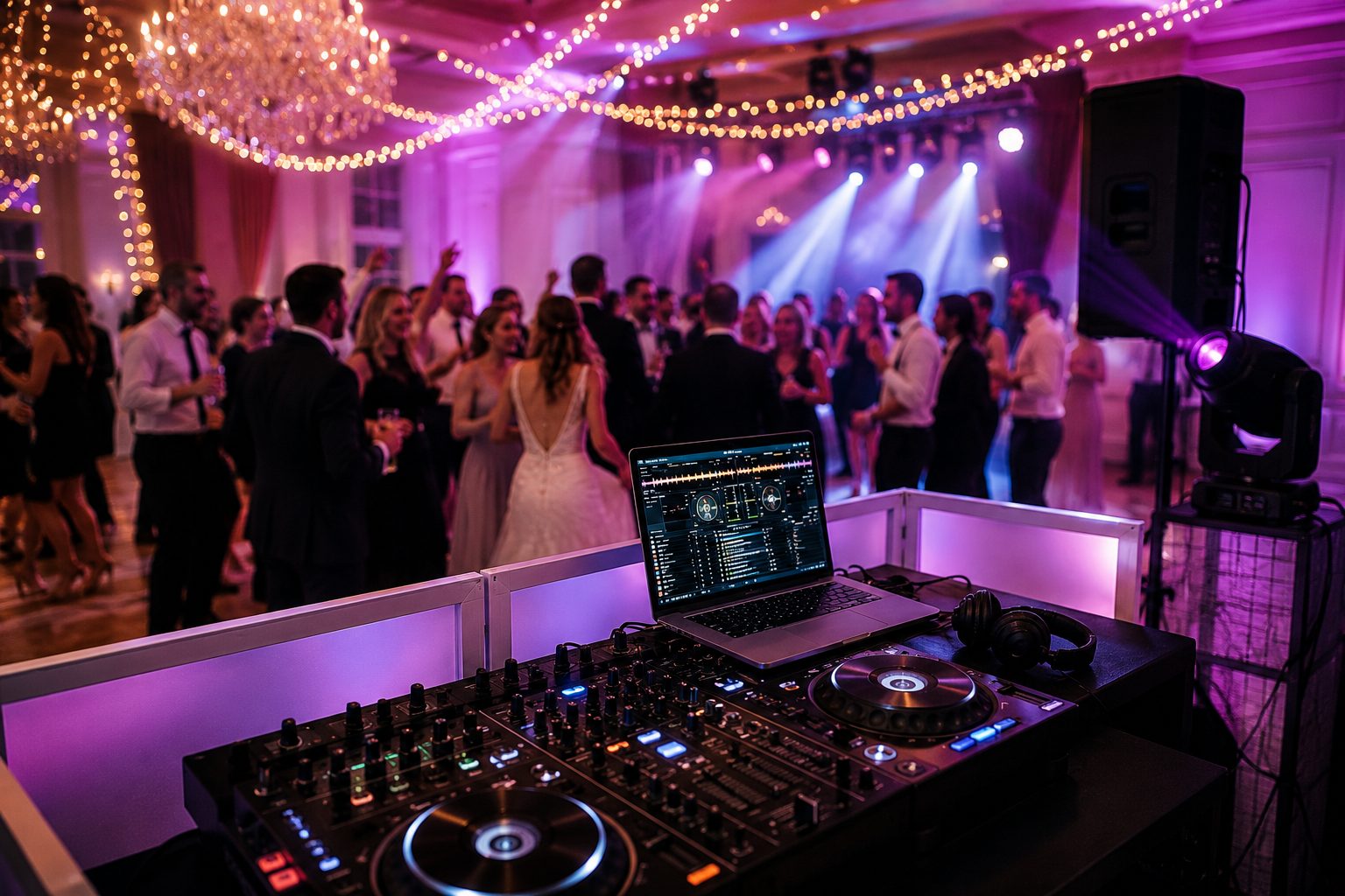 Wedding DJ mixing at the reception while guests dance