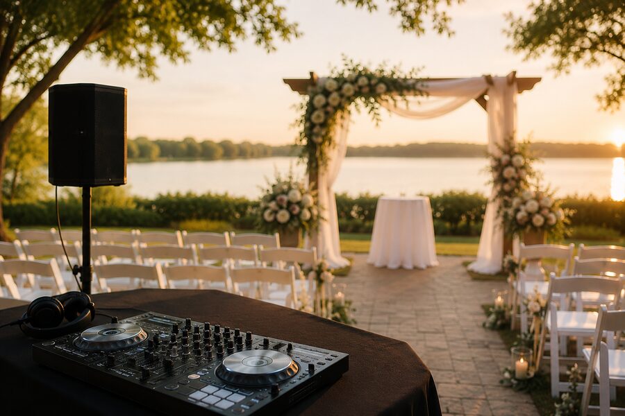Wedding ceremony sound system and DJ setup at a lakeside ceremony at sunset