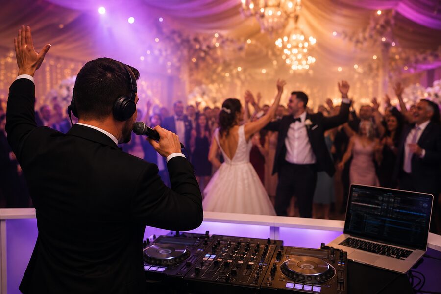 Wedding DJ on the microphone introducing the couple as guests cheer on the dance floor