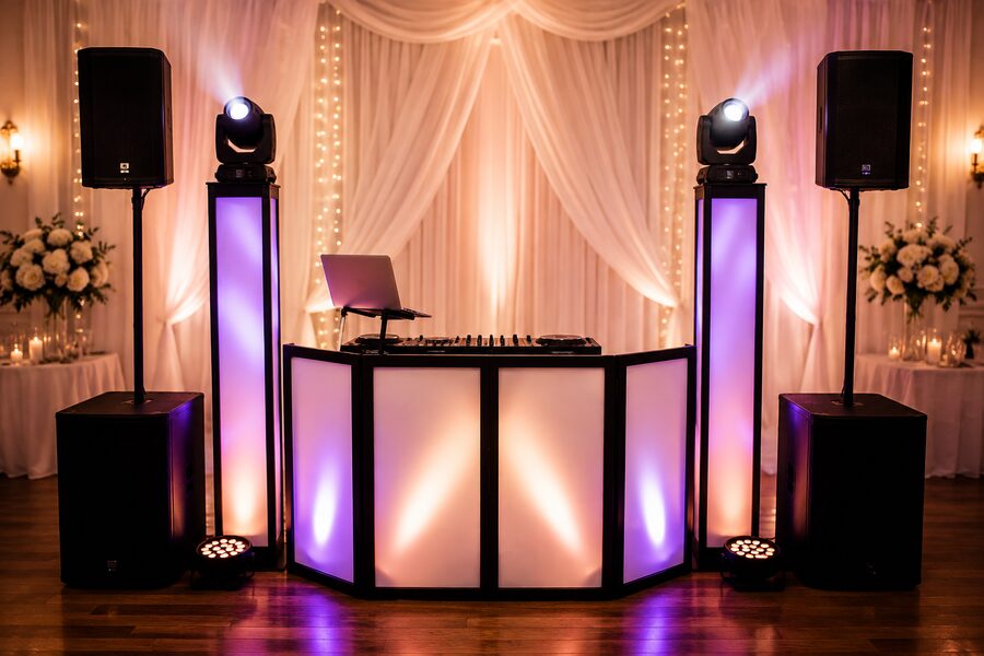 Complete wedding DJ setup with speakers, lit facade and moving lights before the reception
