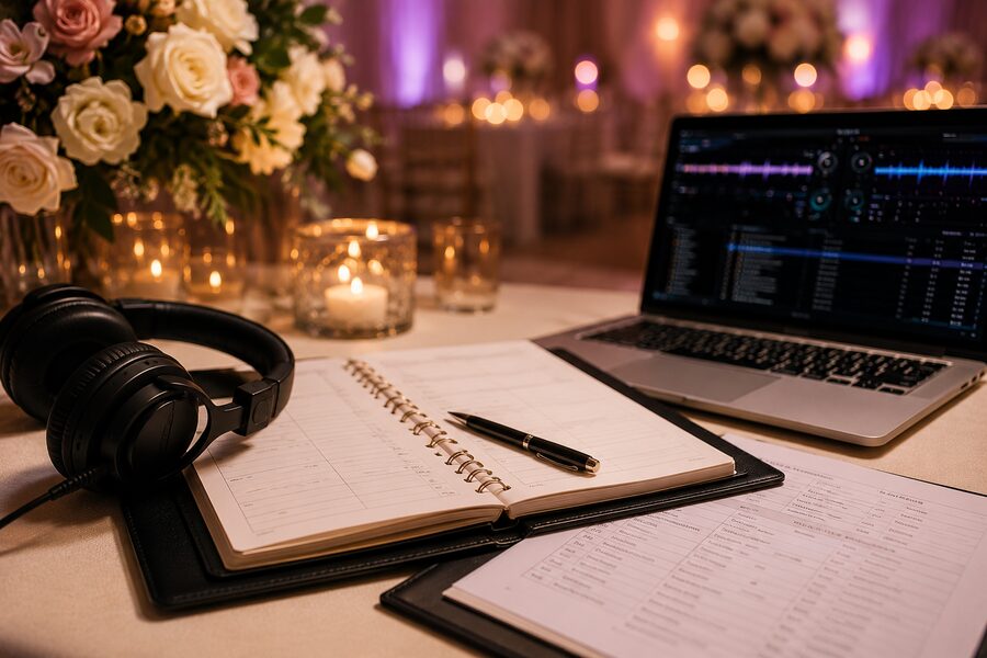 Wedding music planning notebook, headphones and laptop on a reception table