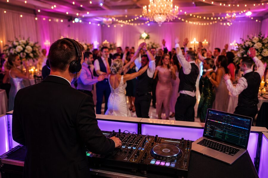 Wedding DJ mixing at the booth with a full dance floor of guests behind