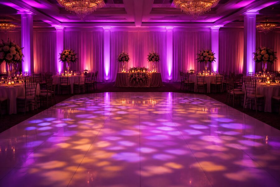 Wedding ballroom washed in purple uplighting with a patterned lit dance floor